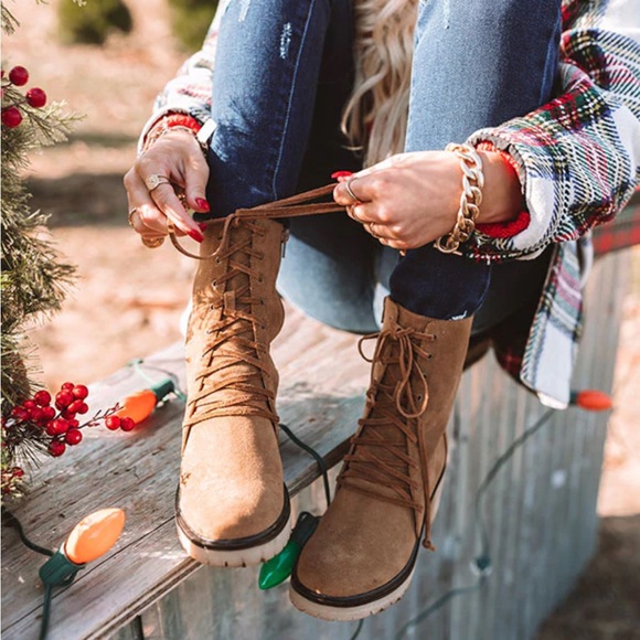 NWT Oasis Society Vegan Leather Suede Lace Up Chunky Boots Booties Camel Brown - Picture 7 of 7